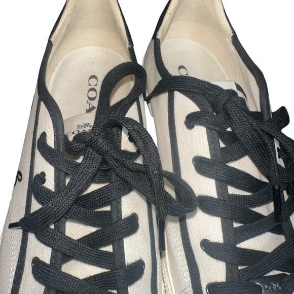 Coach FG3846 Logo Canvas Sneakers Women’s Sz 9B White Black Lace Up Casual Shoes